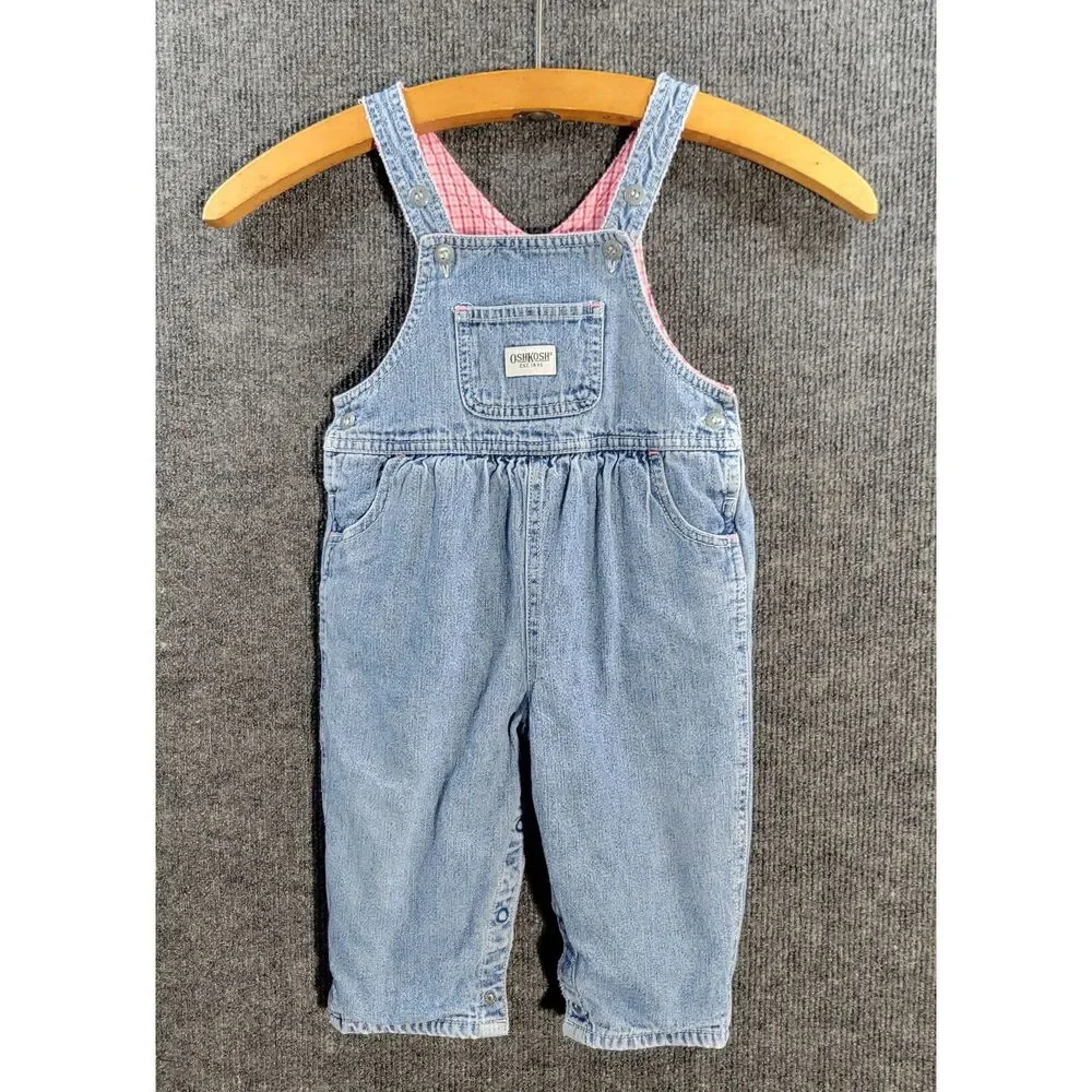 Oshkosh Girls Lined Overalls 12 Months Pink Checkered Lining 100% Cotton